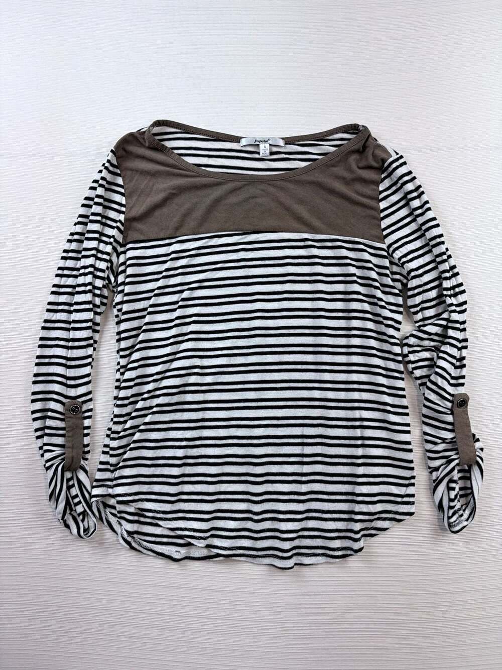 Papaya Black and White Striped Long Sleeve Top with Brown Faux Suede Yoke Size S